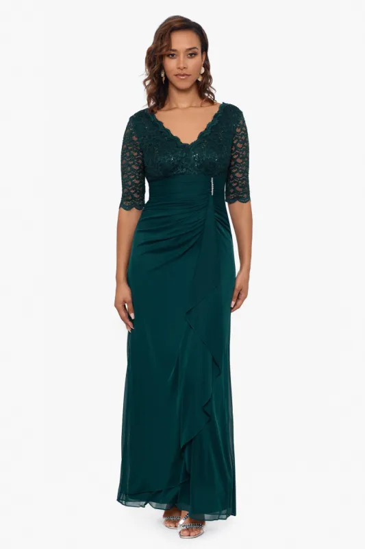 "Johanna" 3/4 Sleeve Sheer Matte Jersey Long Dress sold by Betsy & Adam