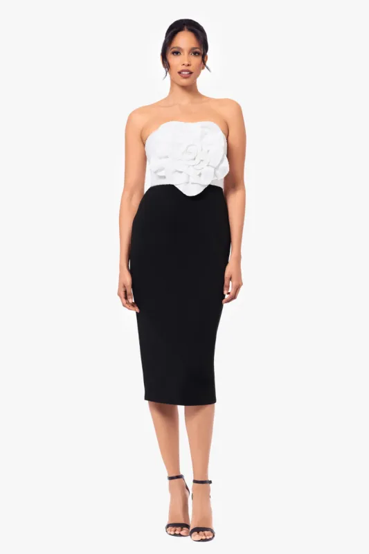 "Cynthia" Midi Sequin and Scuba Crepe Strapless Flower Dress sold by Betsy & Adam