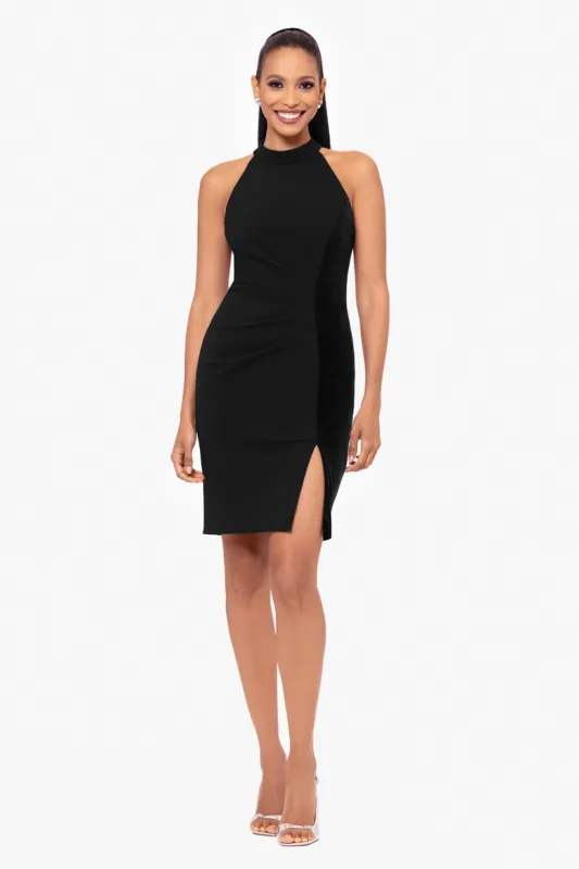 "Mariana" Short Halter Neck Scuba Crepe and Velvet Stripe Dress sold by Betsy & Adam