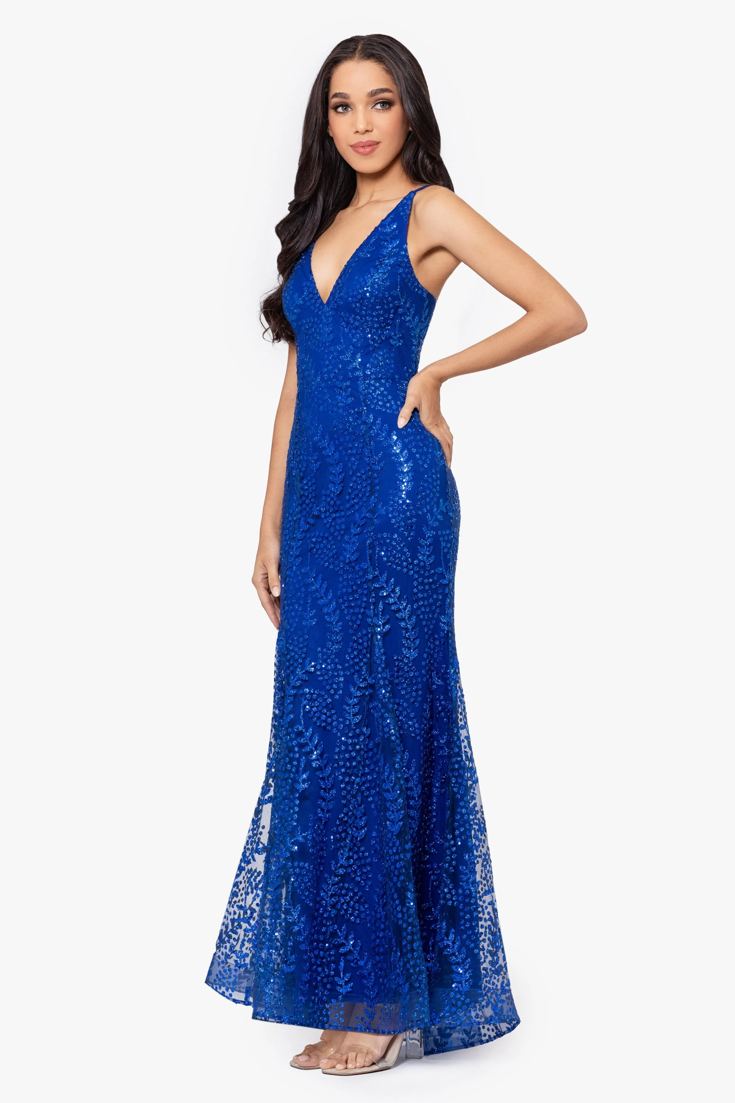 "Jocelyn" Long Glitter Mesh V-Neck Dress sold by Betsy & Adam product image thumbnail 3