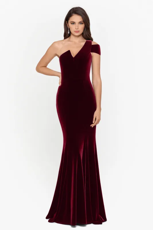 "Ella" Long Velvet One Shoulder Dress made by Betsy & Adam