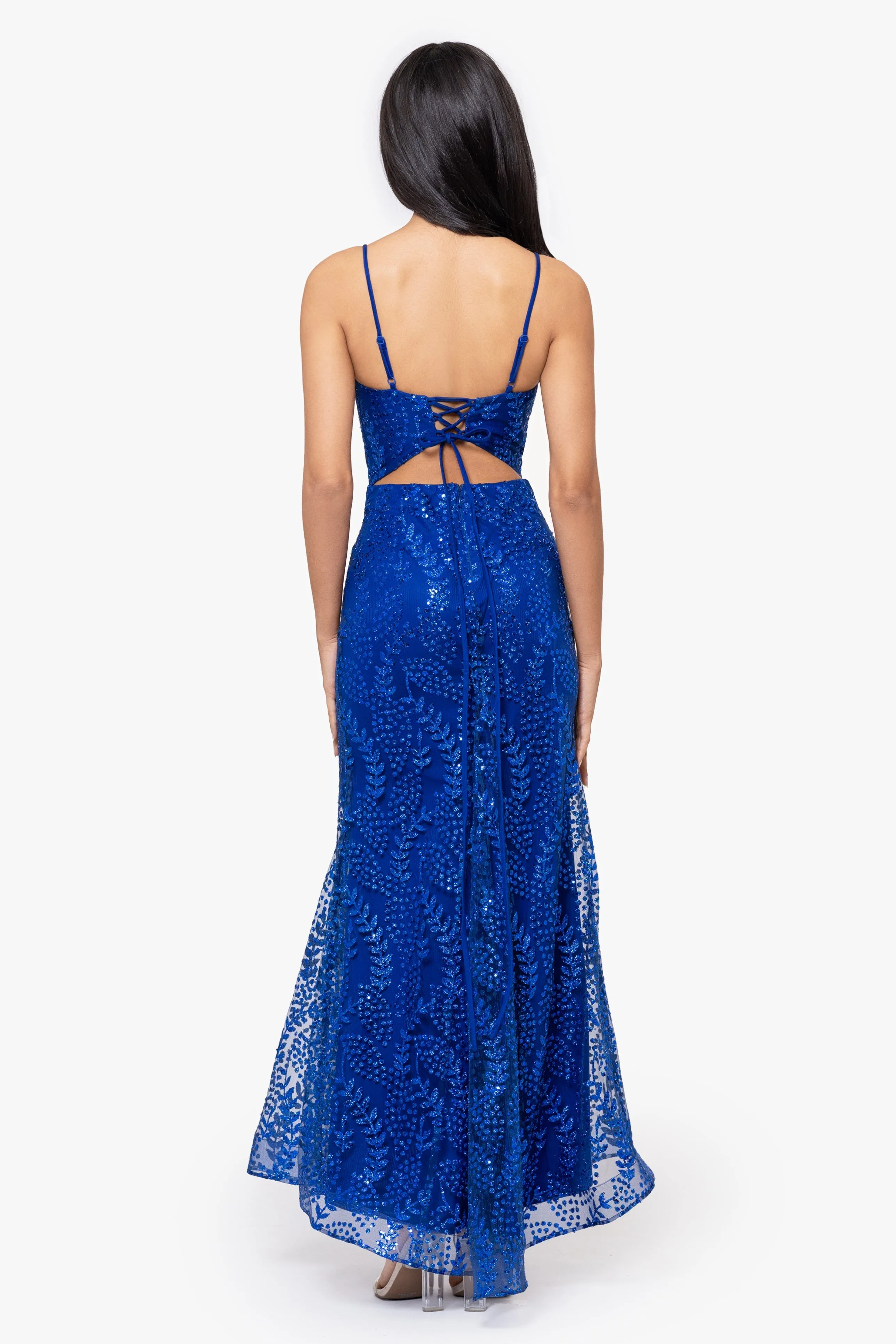 "Jocelyn" Long Glitter Mesh V-Neck Dress sold by Betsy & Adam product image thumbnail 2