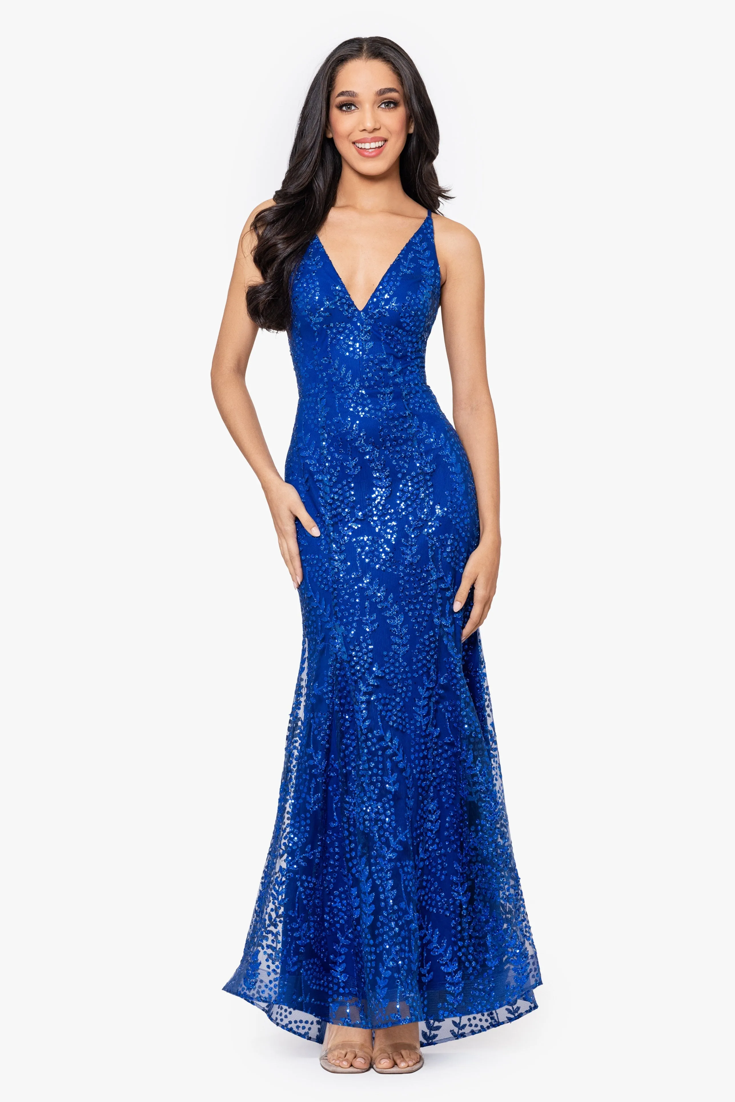 "Jocelyn" Long Glitter Mesh V-Neck Dress sold by Betsy & Adam