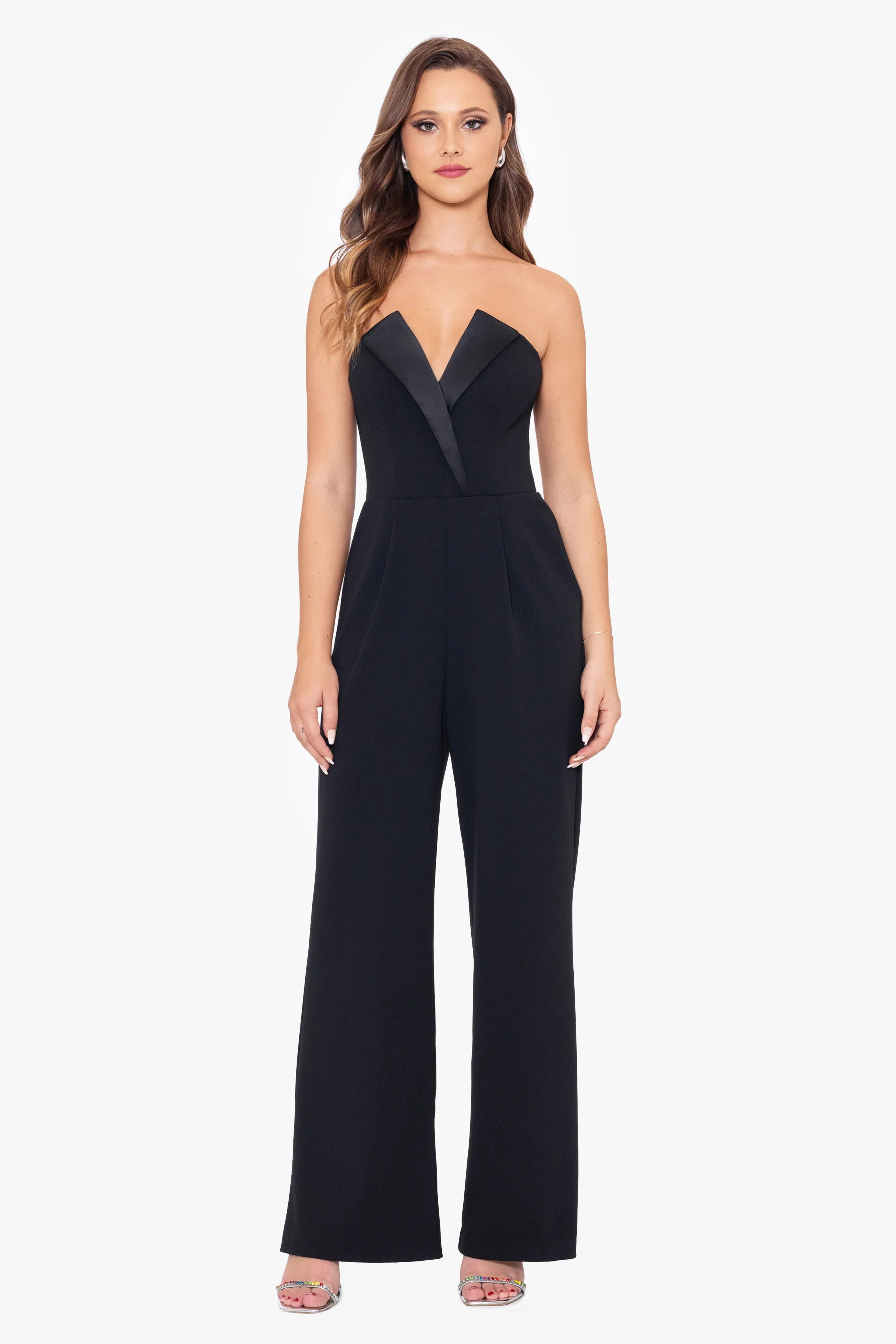 "Tasha" Long Strapless Tuxedo Jumpsuit sold by Betsy & Adam