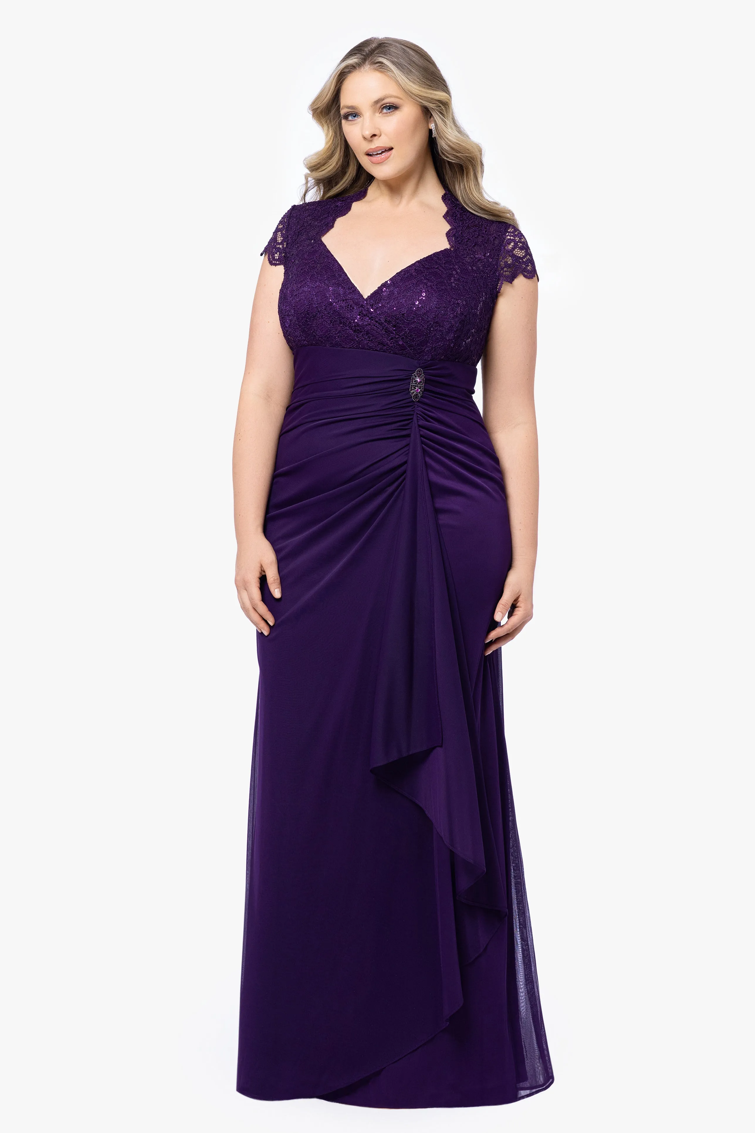 Plus "Kim" Sheer Matte Jersey Lace Cap Sleeve Dress sold by Betsy & Adam product image thumbnail 3