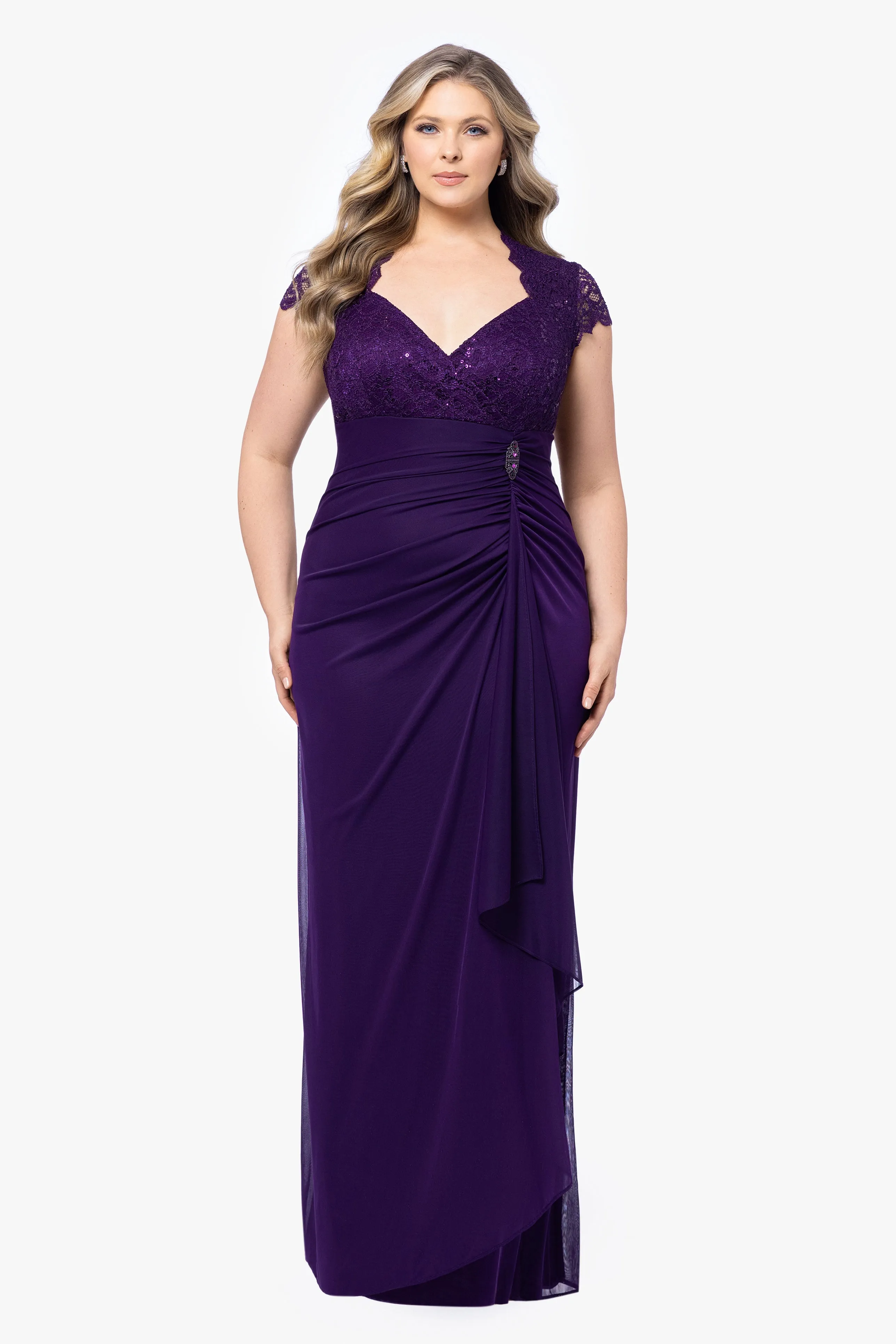 Plus "Kim" Sheer Matte Jersey Lace Cap Sleeve Dress sold by Betsy & Adam