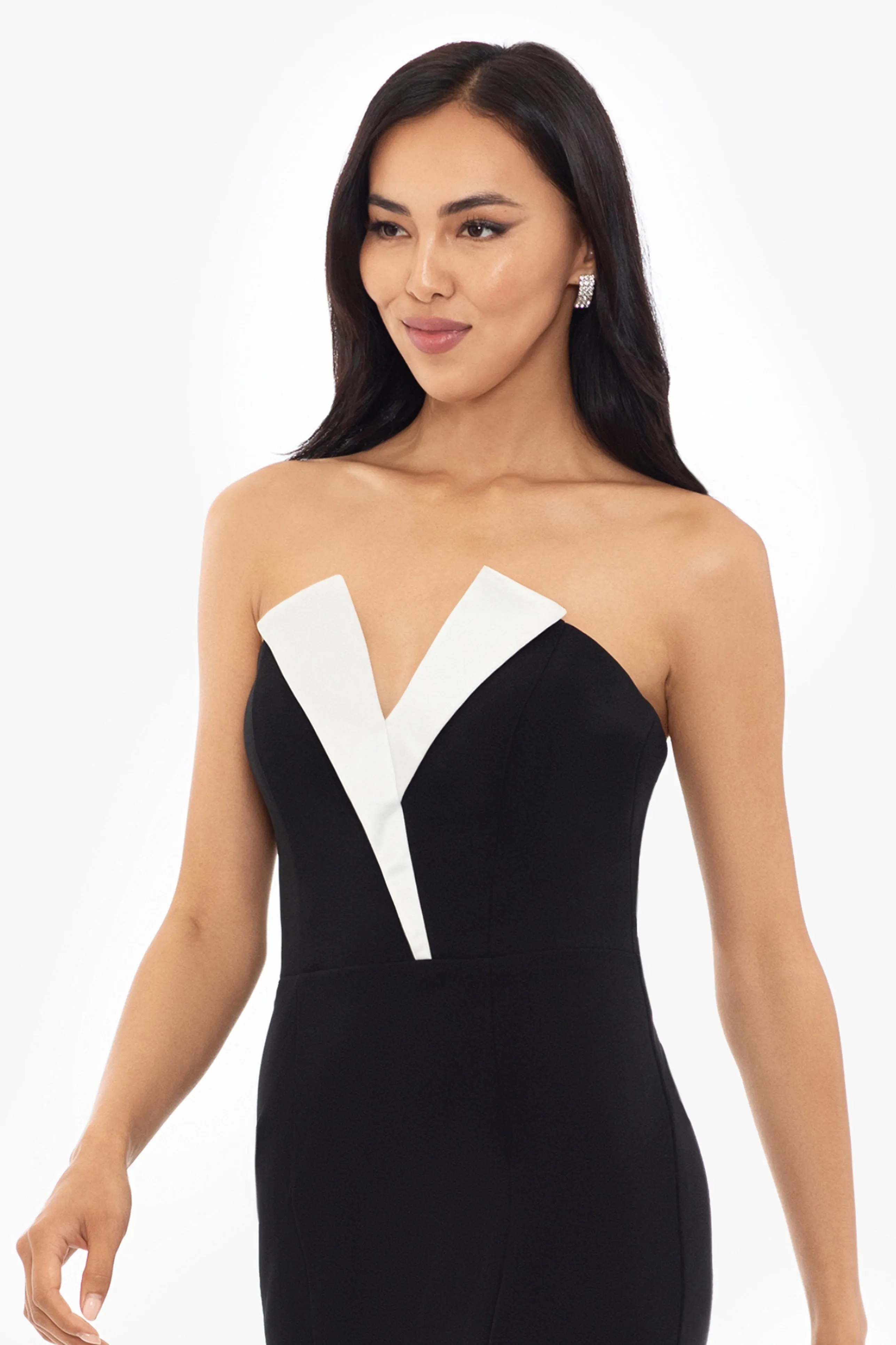 "Violette" Long Strapless V Neck Tuxedo Dress sold by Betsy & Adam product image thumbnail 4
