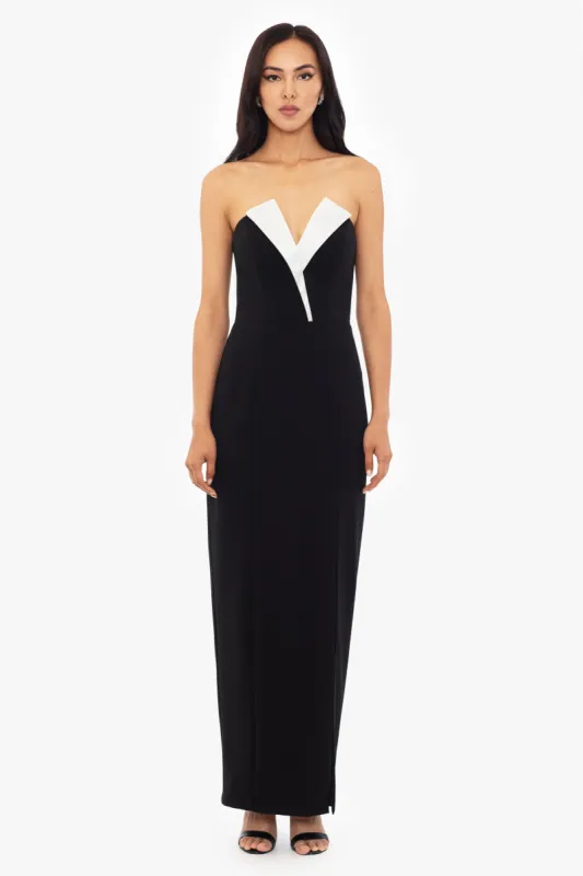 "Violette" Long Strapless V Neck Tuxedo Dress made by Betsy & Adam