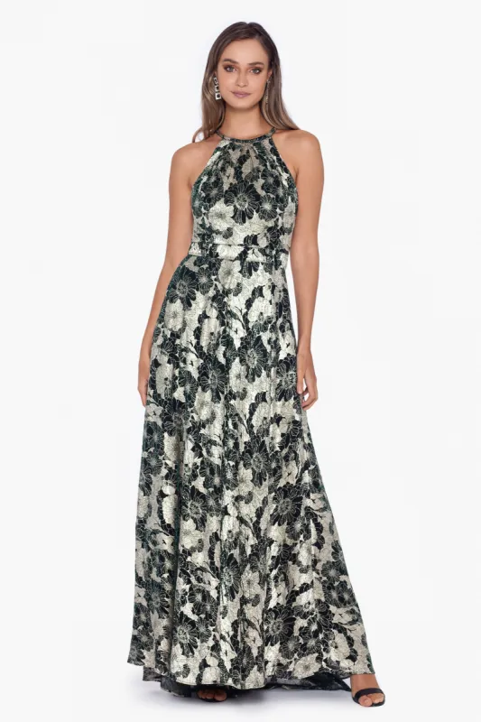 "Layla" Long Halter Top Wrap Foil Print Dress sold by Betsy & Adam