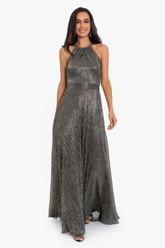 "Nico" Long Metallic Halter Neck Dress sold by Betsy & Adam