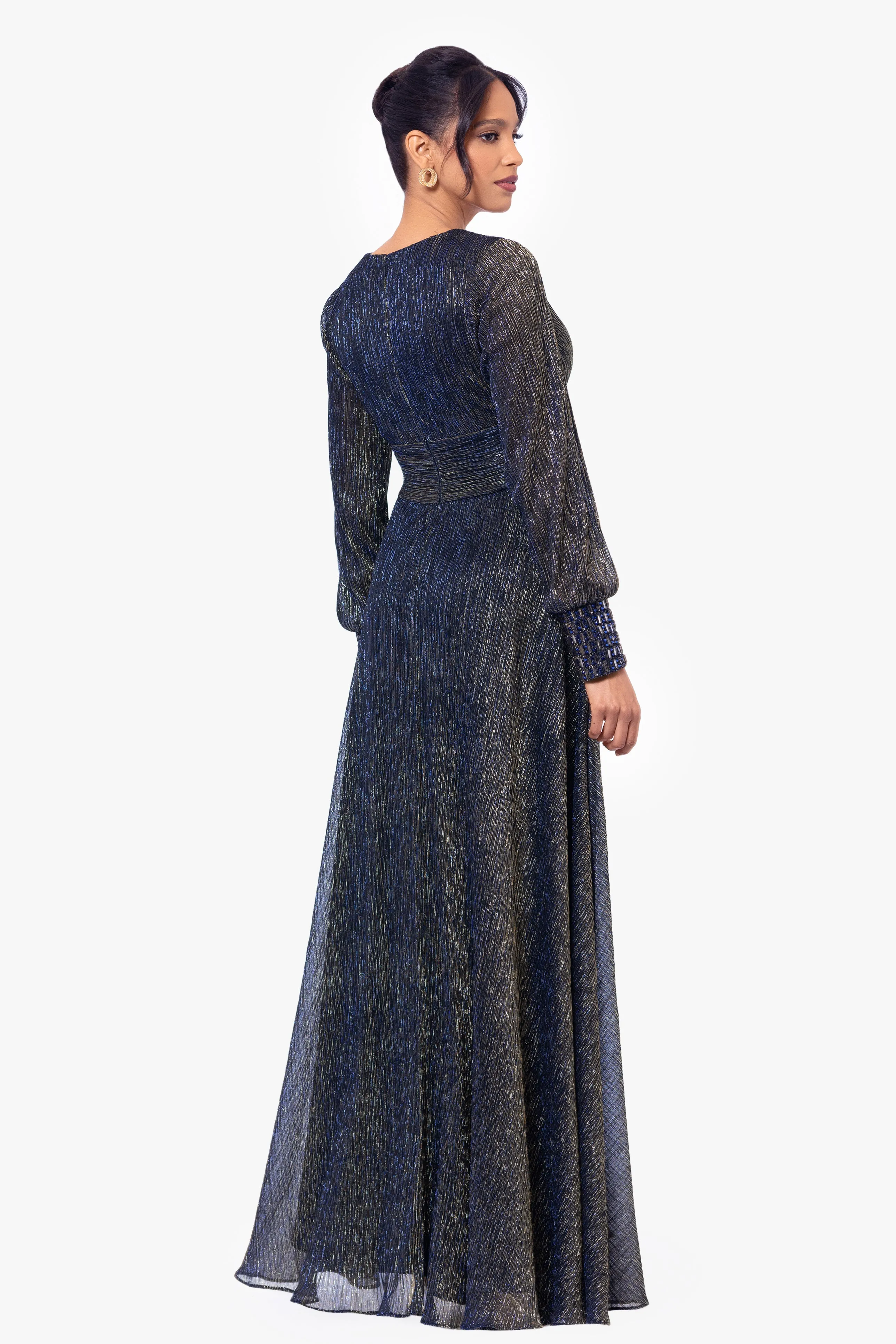 "Clarise" Long Sleeve Galaxy Pleated Foil Gown sold by Betsy & Adam product image thumbnail 2