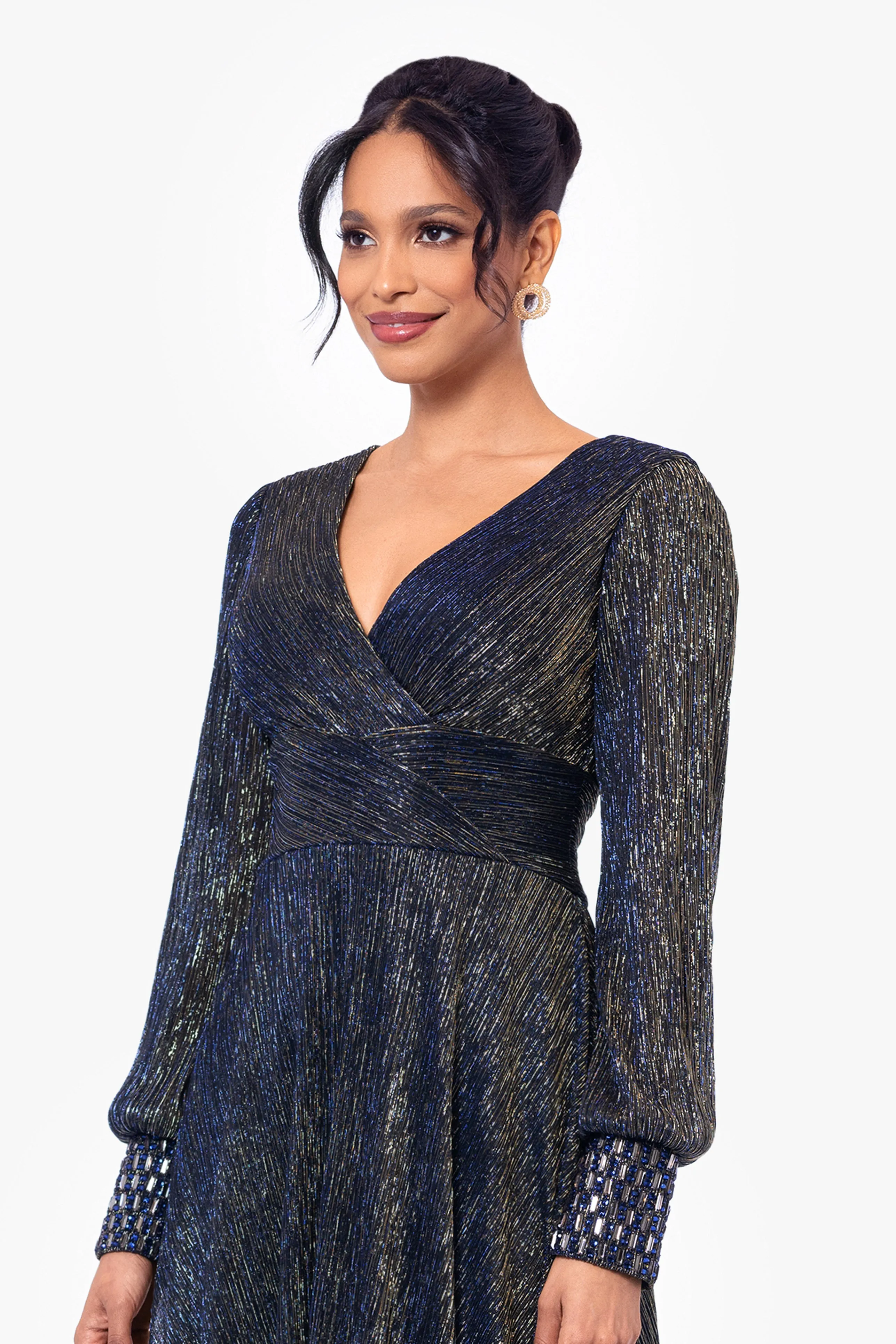 "Clarise" Long Sleeve Galaxy Pleated Foil Gown sold by Betsy & Adam product image thumbnail 4