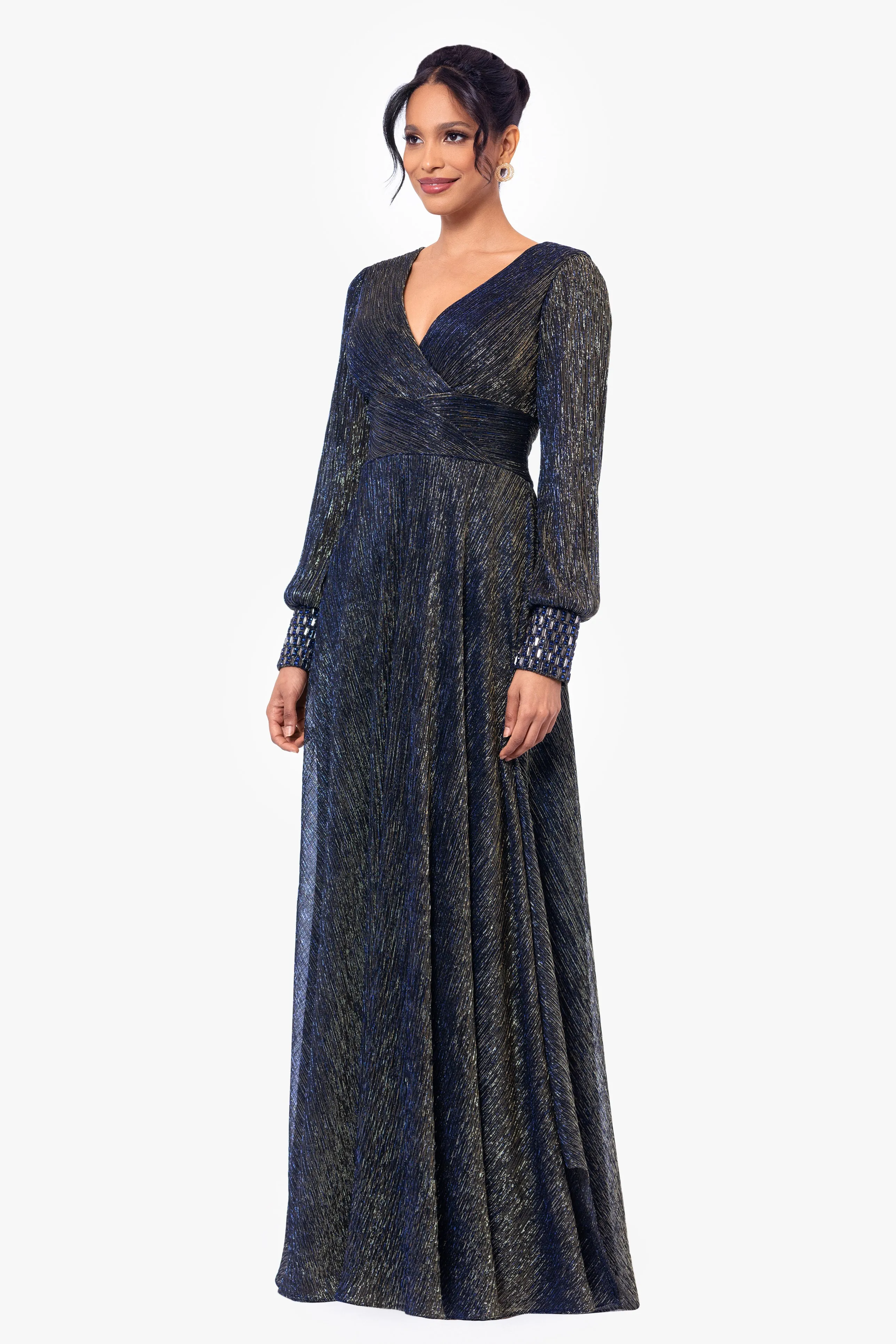 "Clarise" Long Sleeve Galaxy Pleated Foil Gown sold by Betsy & Adam product image thumbnail 3