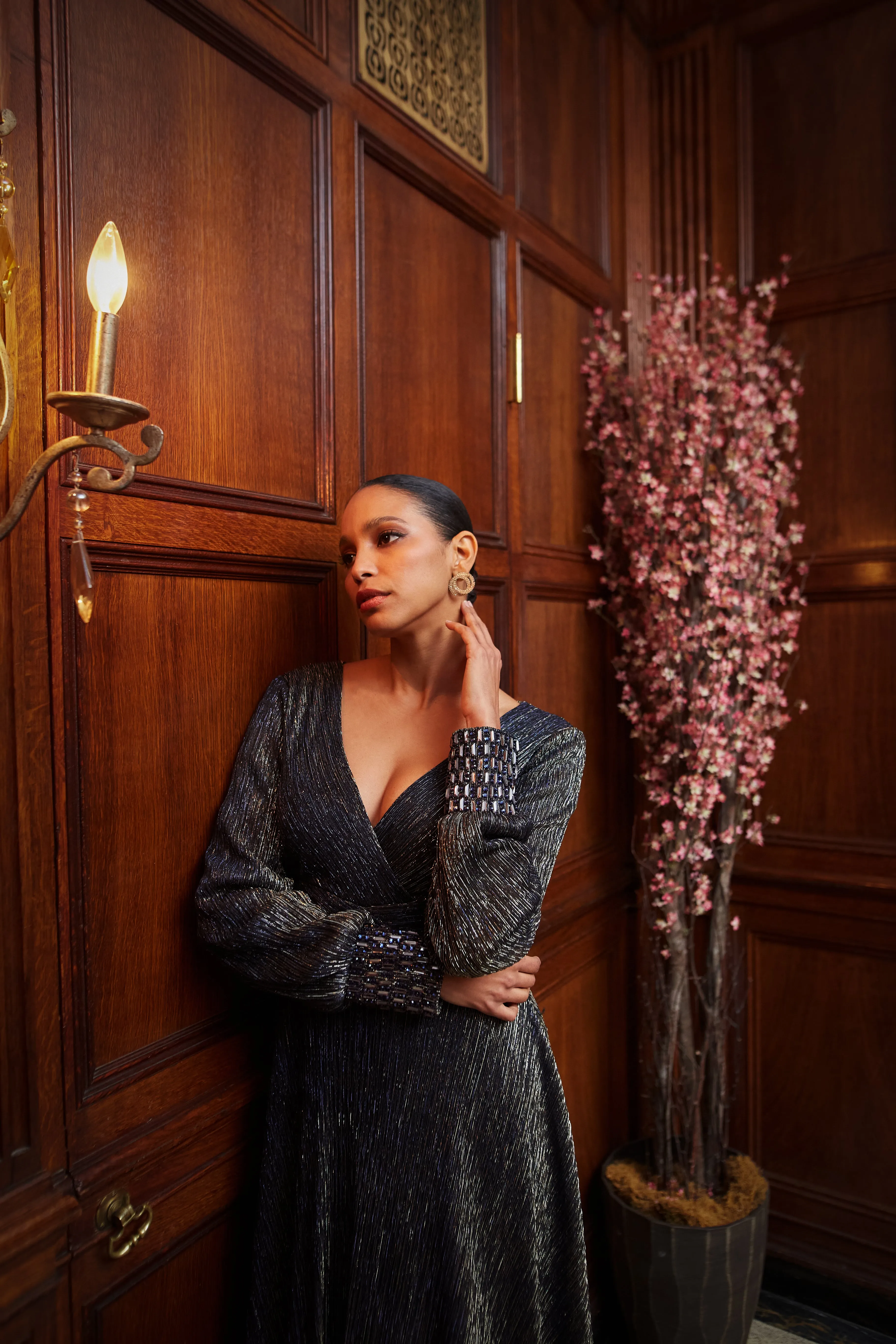 "Clarise" Long Sleeve Galaxy Pleated Foil Gown sold by Betsy & Adam product image thumbnail 5