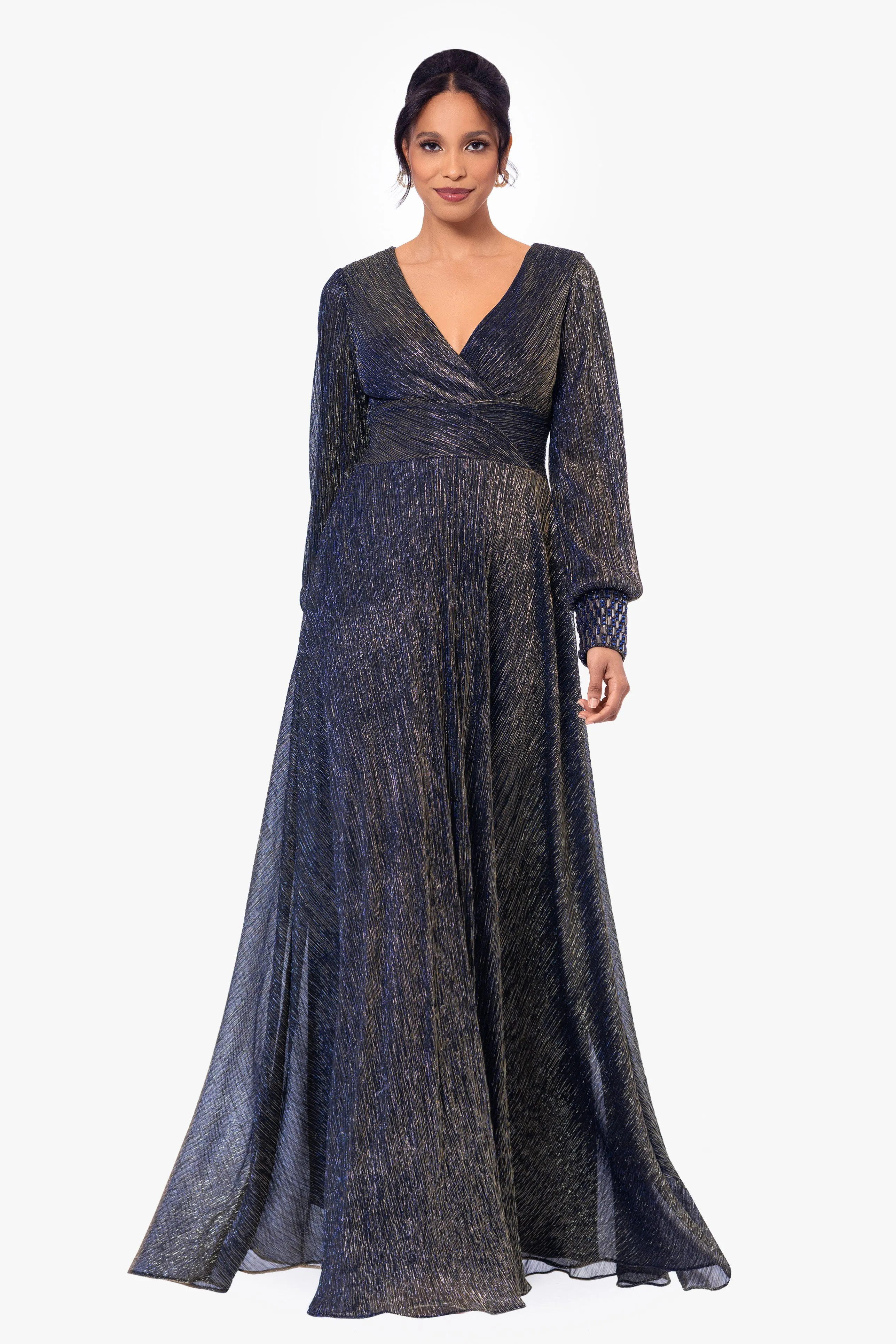 "Clarise" Long Sleeve Galaxy Pleated Foil Gown sold by Betsy & Adam