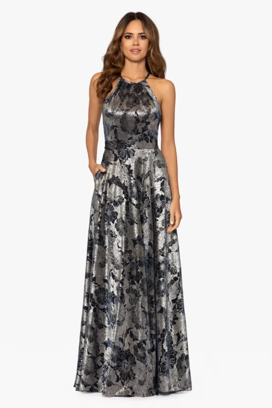 Petite "Layla" Long Halter Top Wrap Foil Print Dress sold by Betsy & Adam