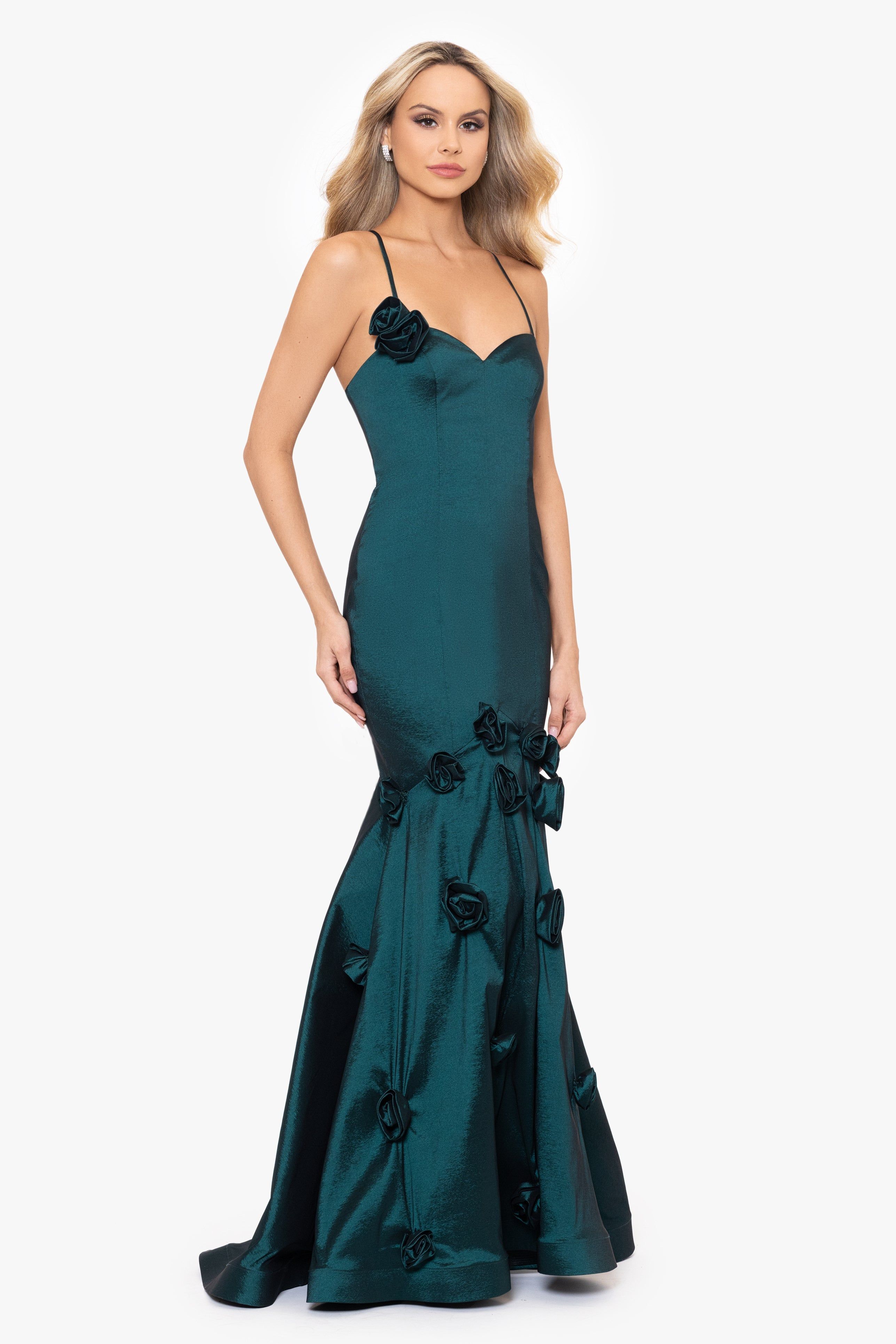 "Mia" Long Taffeta Tieback Rose Trim Dress sold by Betsy & Adam product image thumbnail 3