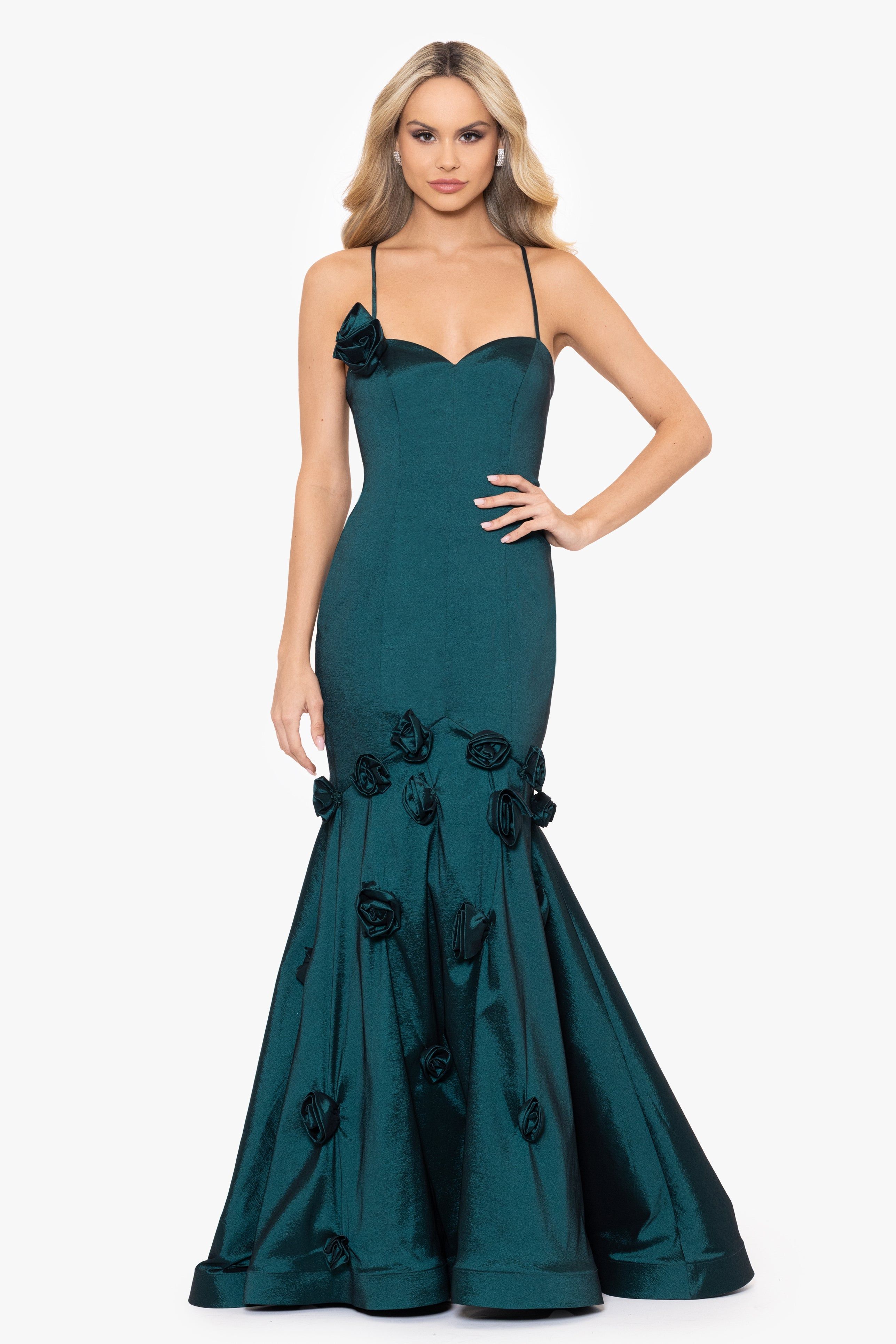 "Mia" Long Taffeta Tieback Rose Trim Dress sold by Betsy & Adam