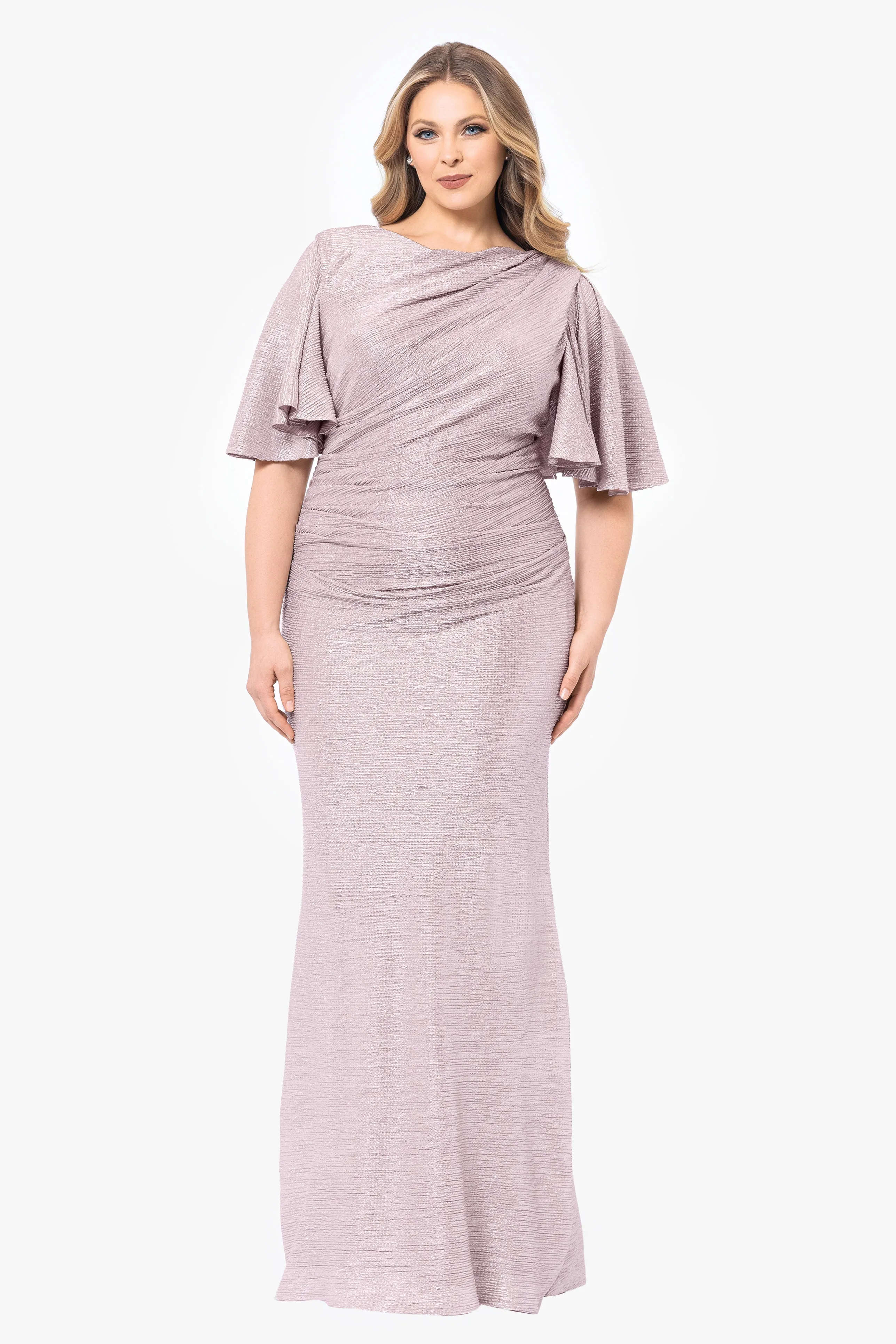 Plus "Demetria" Long Metallic Flutter Sleeve Dress sold by Betsy & Adam