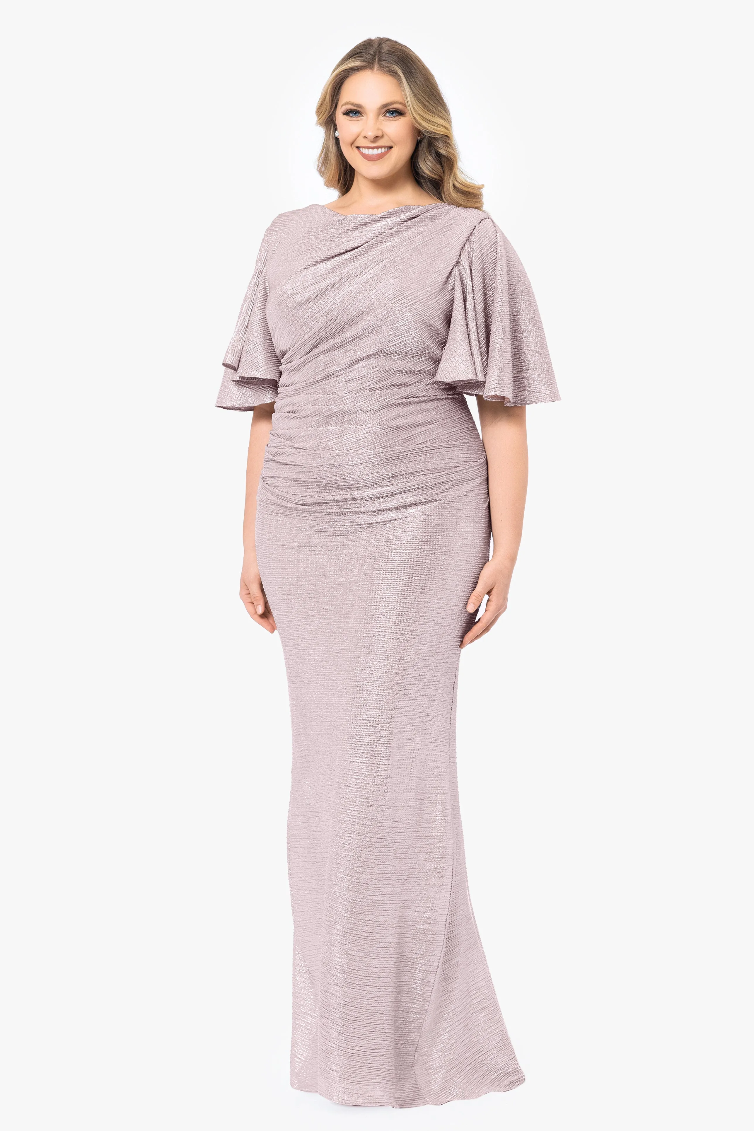 Plus "Demetria" Long Metallic Flutter Sleeve Dress sold by Betsy & Adam product image thumbnail 3