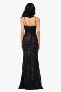 "Anne" Floor Length Sequin V-Neck Illusion Mesh Insert sold by Betsy & Adam