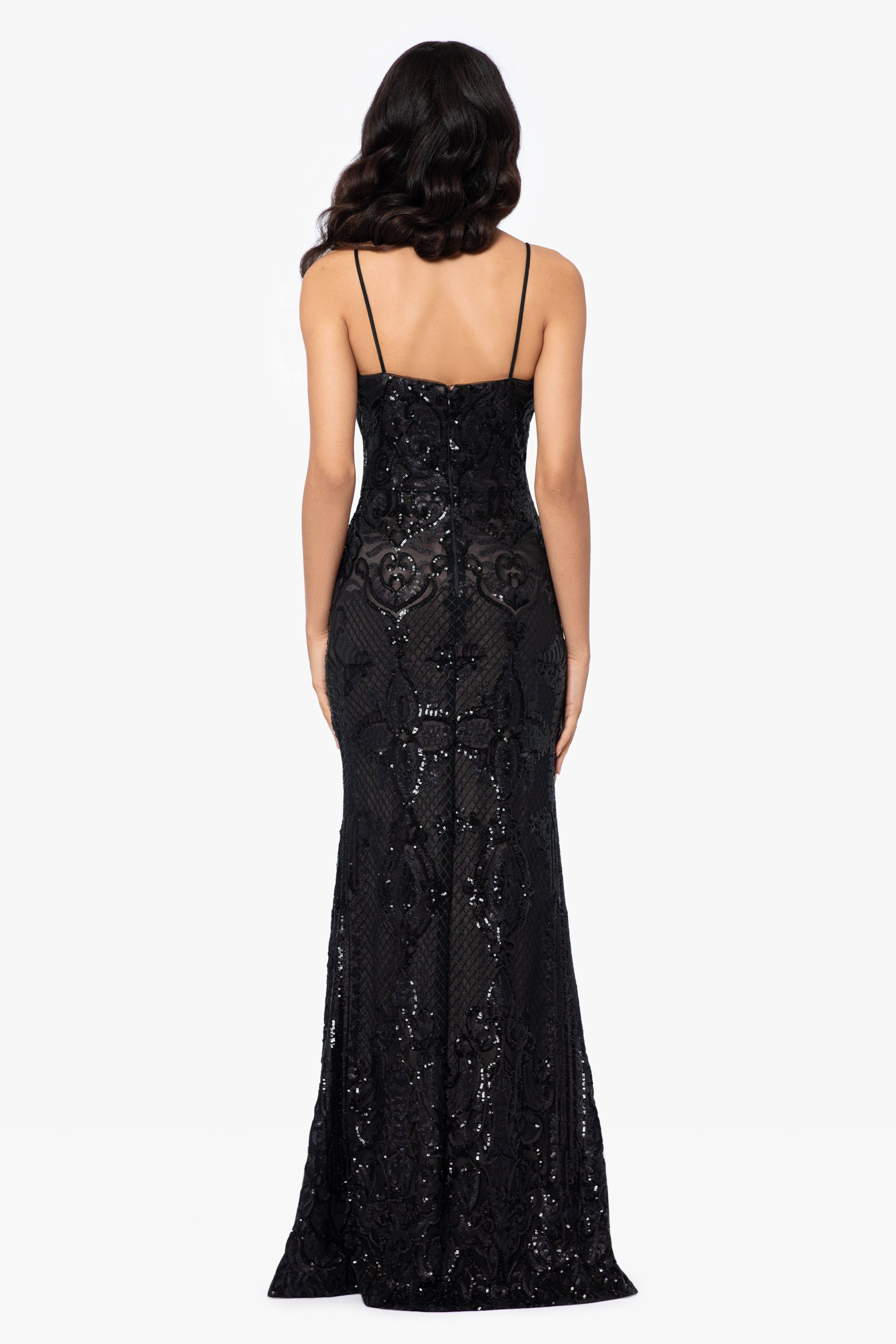 "Anne" Floor Length Sequin V-Neck Illusion Mesh Insert sold by Betsy & Adam product image thumbnail 2