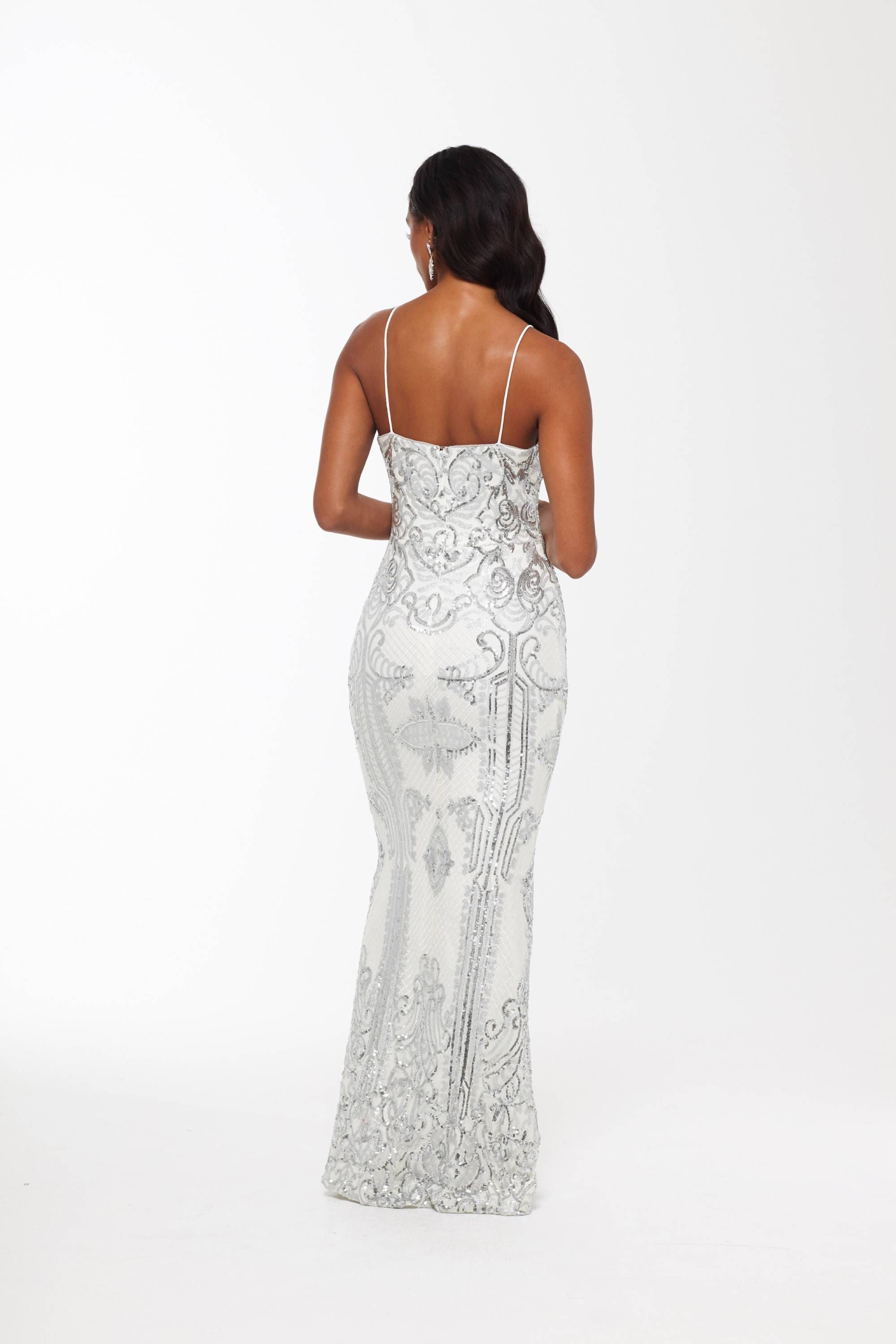 "Anne" Floor Length Sequin V-Neck Illusion Mesh Insert sold by Betsy & Adam product image thumbnail 5