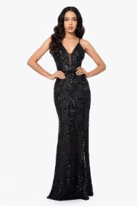 "Anne" Floor Length Sequin V-Neck Illusion Mesh Insert sold by Betsy & Adam