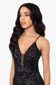 "Anne" Floor Length Sequin V-Neck Illusion Mesh Insert sold by Betsy & Adam