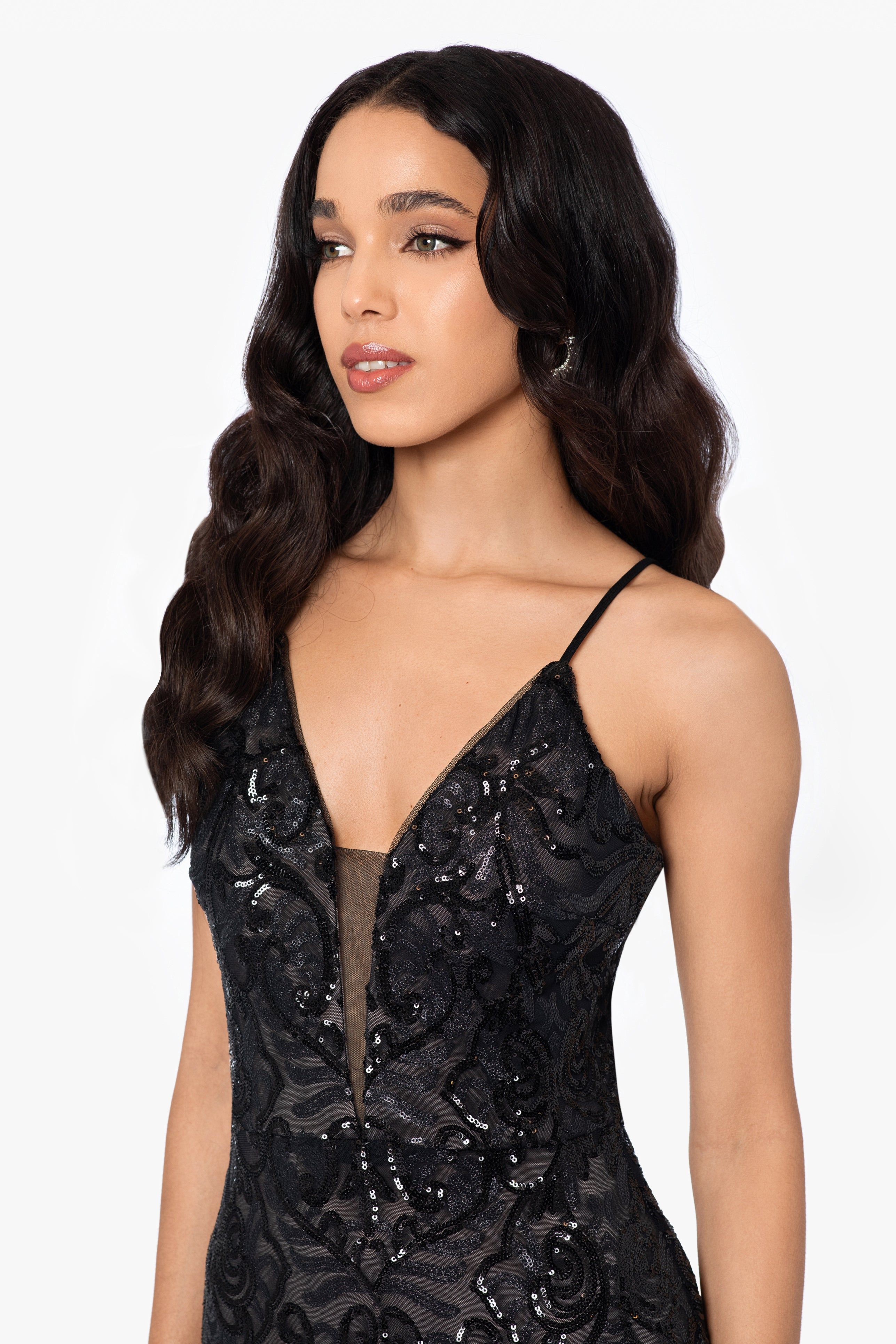 "Anne" Floor Length Sequin V-Neck Illusion Mesh Insert sold by Betsy & Adam product image thumbnail 3