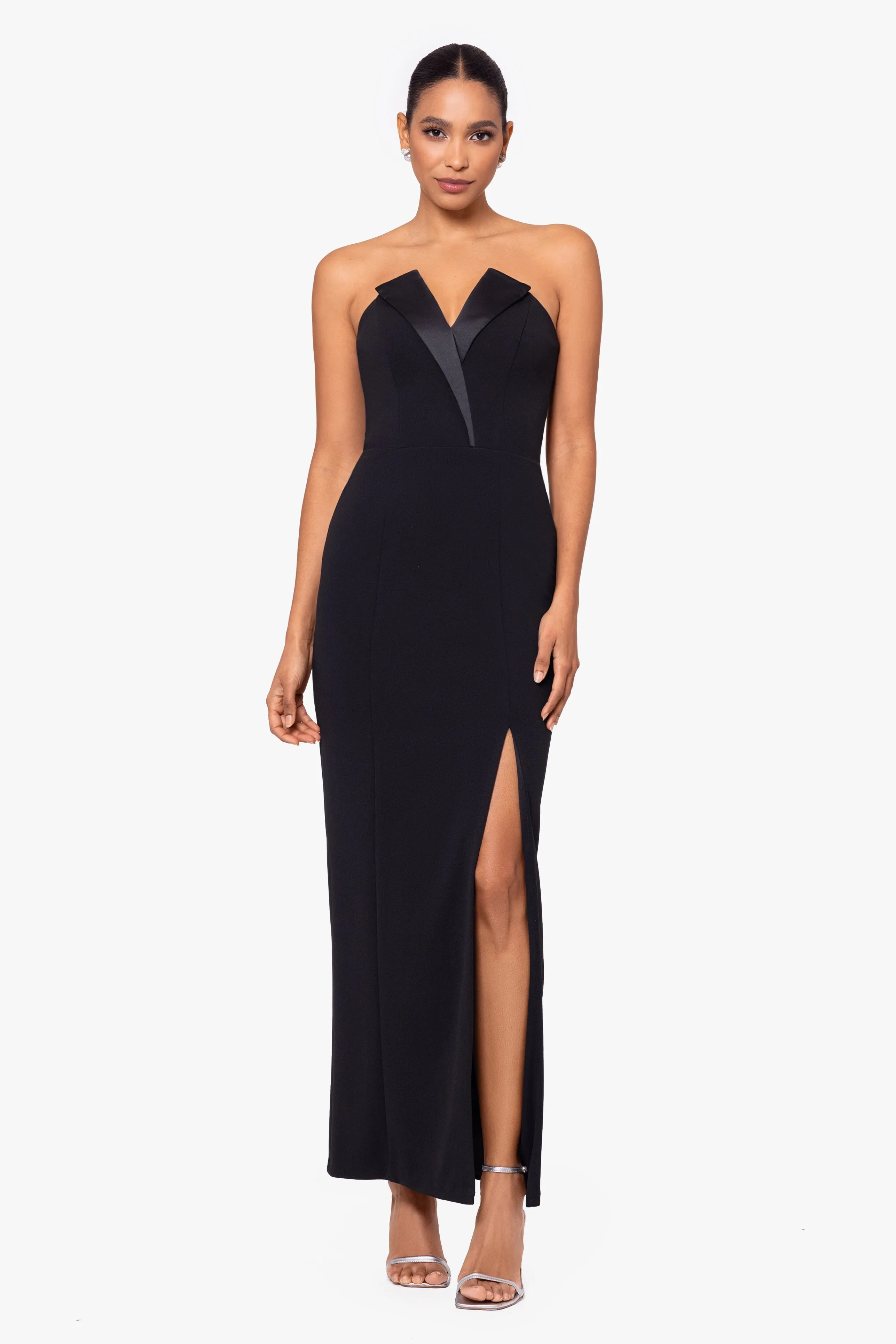 "Violette" Long Strapless V Neck Tuxedo Dress sold by Betsy & Adam