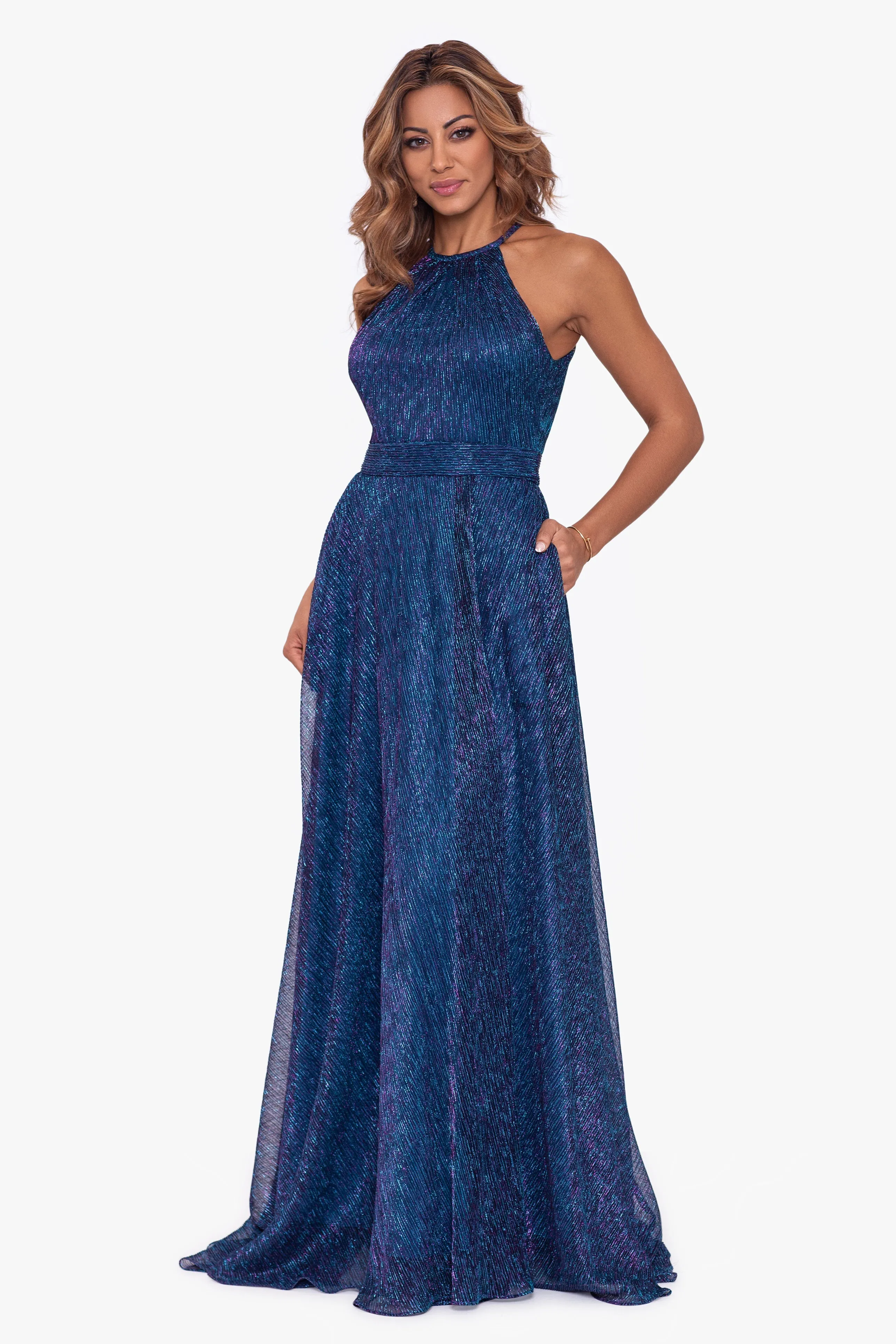 "Mila" Long Halter Metallic Dress sold by Betsy & Adam