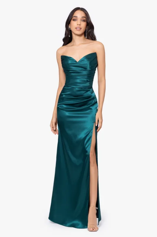 "Vicky" Long Strapless Satin Dress sold by Betsy & Adam