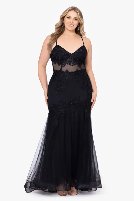 Plus "Sage" Long Mesh Applique Spaghetti Strap Gown sold by Betsy & Adam