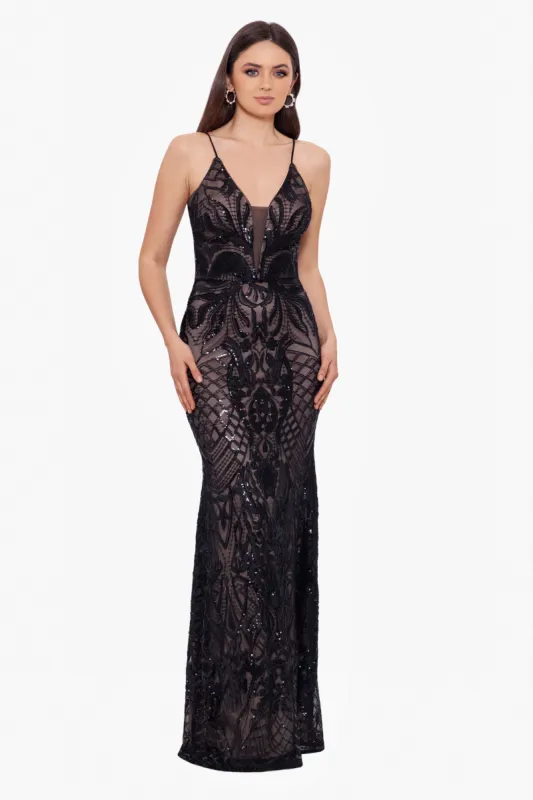 "Anita" Pattern Sequin Deep V Long Dress sold by Betsy & Adam