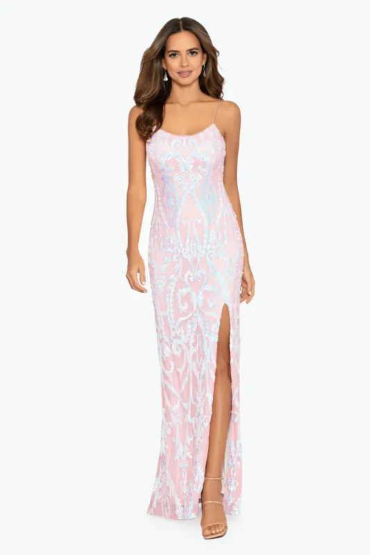 "Esme" Long Side Slit Lace Sequin Dress sold by Betsy & Adam