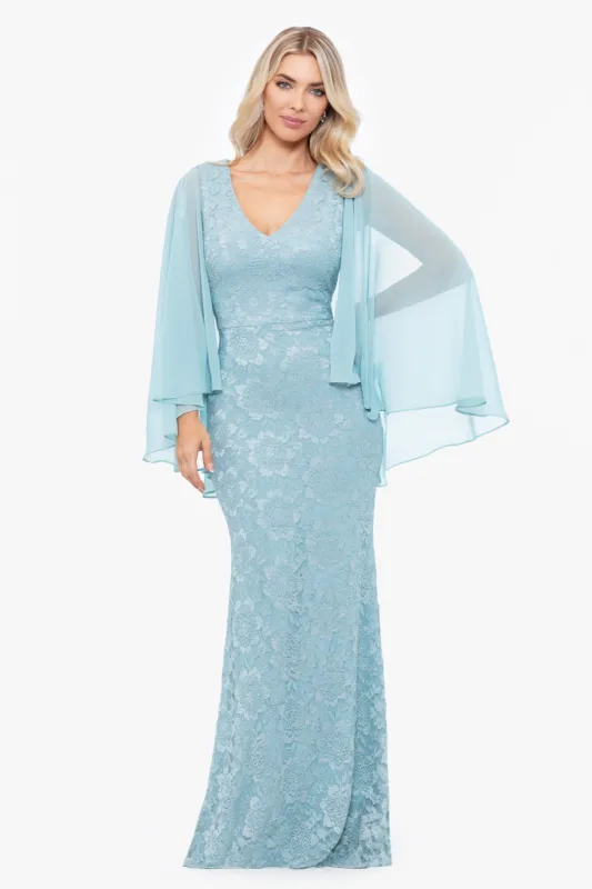 "Dani" Long Lace Dress with Chiffon Cape sold by Betsy & Adam