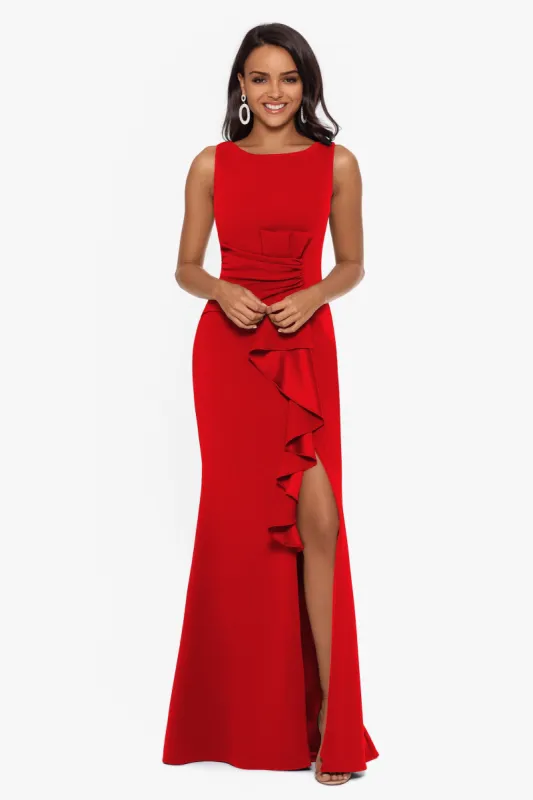 Petite "Christine" Scuba Crepe Ruffled Bow Gown sold by Betsy & Adam