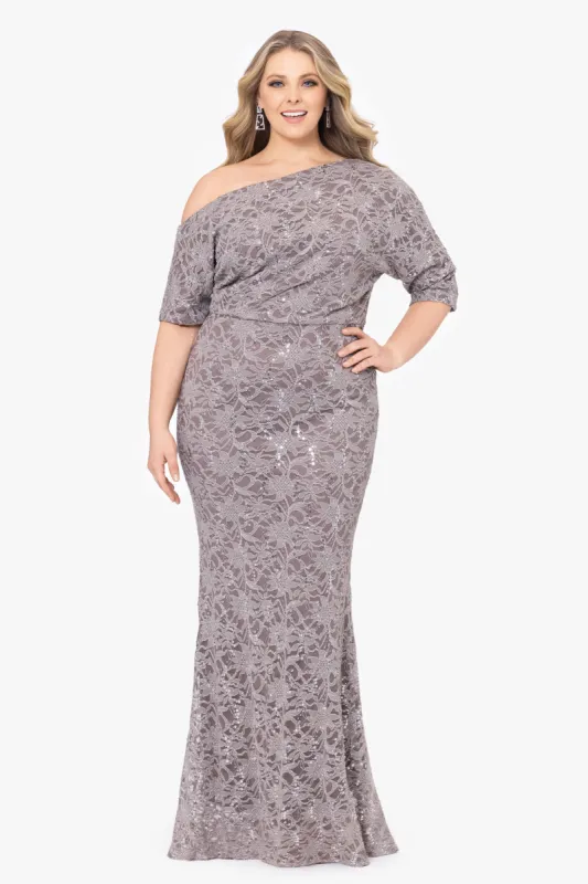 Plus "Jayla" Long Lace Off the Shoulder Drop Dress made by Betsy & Adam