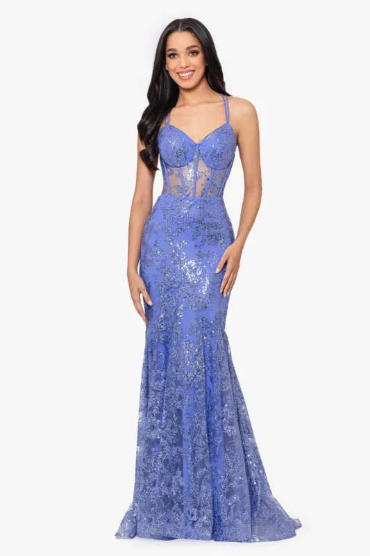 "Tammi" Long Sequin Mesh Mermaid Tieback Dress made by Betsy & Adam