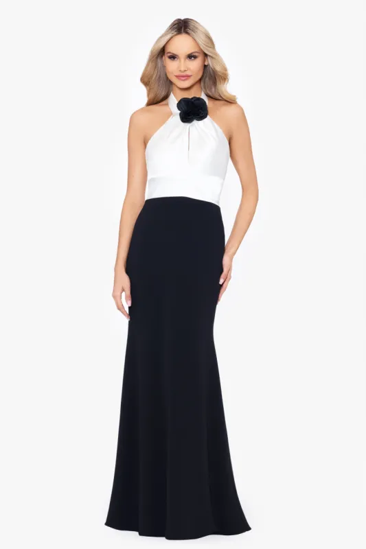 "Deena" Long Scuba Crepe Gown with Flower sold by Betsy & Adam