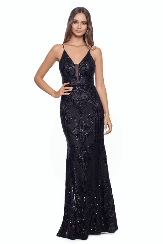 "Anne" Floor Length Sequin V-Neck Illusion Mesh Insert sold by Betsy & Adam