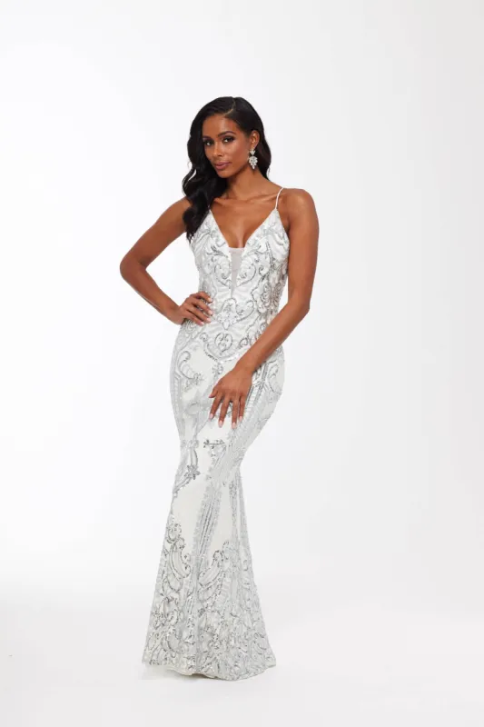 "Anne" Floor Length Sequin V-Neck Illusion Mesh Insert sold by Betsy & Adam