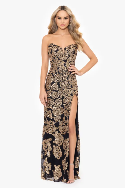 "Mindy" Long Flower Pattern Sequin Dress sold by Betsy & Adam