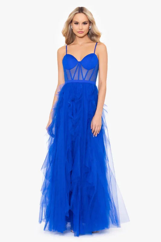 "Ivon" Mesh Ruffle Long Ballgown sold by Betsy & Adam