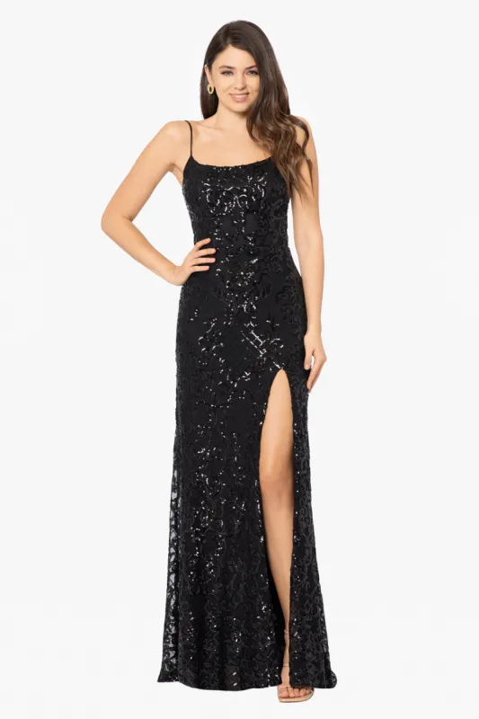 "Pia" Long Sequin Scoop Neck Dress sold by Betsy & Adam