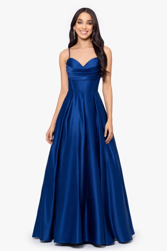 "Liza" Lamour Satin Draped Corset Tieback Gown sold by Betsy & Adam