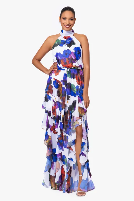 "Martha" Long High Neck Tiered Chiffon Dress sold by Betsy & Adam