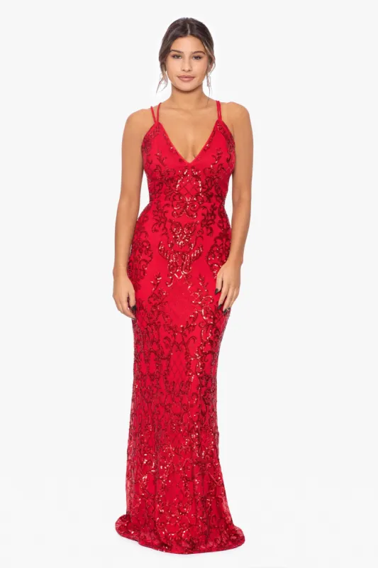 "Kienna" Long Sequin X Back Strap Dress made by Betsy & Adam