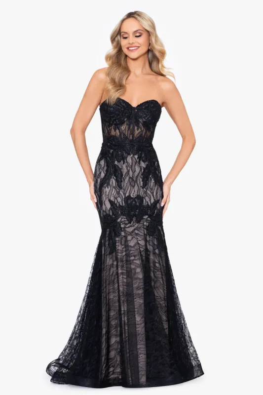 "Amelie" Long Strapless Lace Corset Dress sold by Betsy & Adam